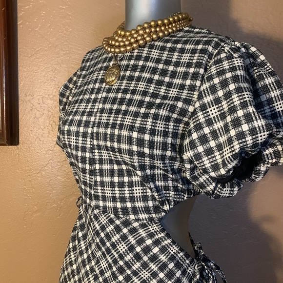 Oni Studio Puffy Sleeve Plaid Midi A line Dress.  Sz M - Picture 3 of 8